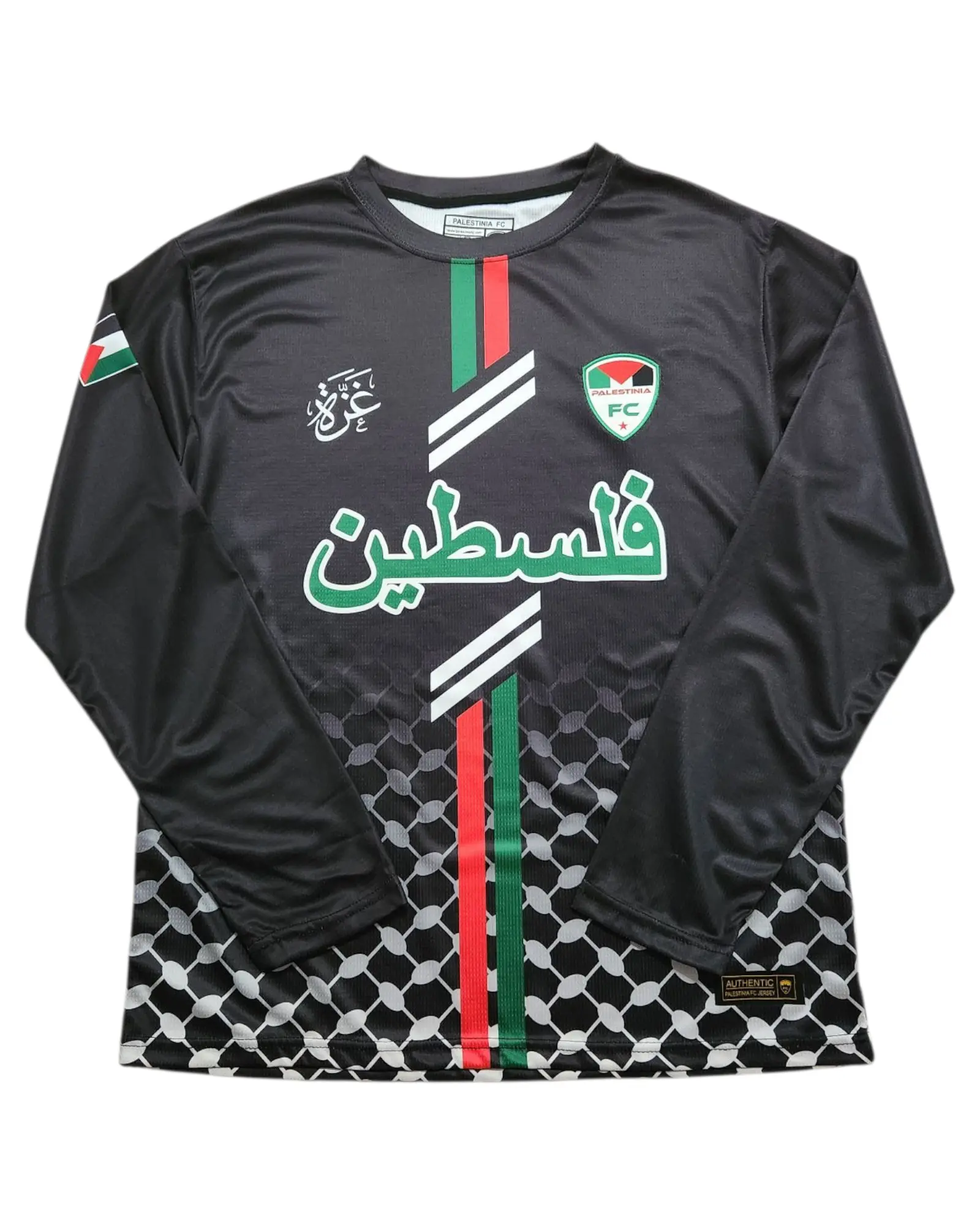 Black Palestine Arabic Jersey (Green/Red Stripes) Long Sleeve