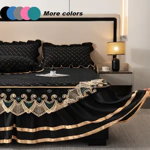 Lace Bedskirt Set with 2 Pillowcases, Thick Quilted Mattress Protector, All-Season Use, Bedroom Decor