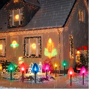 Christmas Lights Jumbo C9 Outdoor Lawn Decorations with Pathway Marker Stakes, 2 Pack 8.5 Feet String Lights Covered Jumbo Multicolored Light Bulb for Holiday Outside Yard Garden Decor, 10 Lights