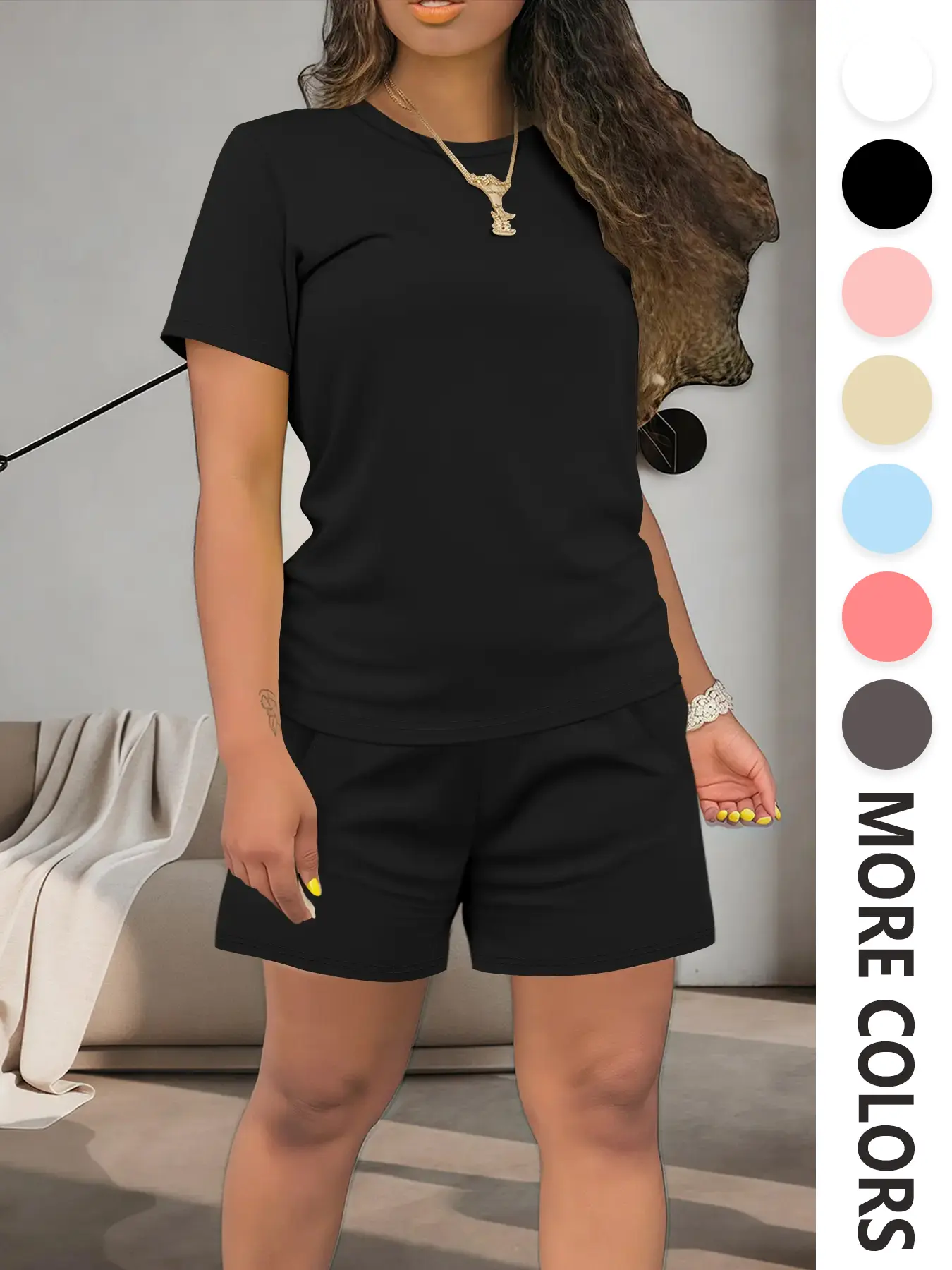 Women's Minimalist Solid Basic Co-ord Set, Casual Fitted Breathable Fabric Short Sleeve Tee Top & Elastic Waist Shorts Set, Women's Summer Clothes for Daily Wear, Cute Summer Outfit, Black