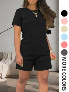 Women's Solid Co-ord Set, Casual Fitted Short Sleeve Tee & Elastic Waist Shorts Set, Women's Summer Clothes for Daily Wear, Cute Summer Outfit, Black
