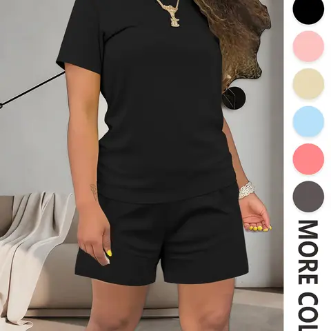 Women's Minimalist Solid Basic Co-ord Set, Casual Fitted Breathable Fabric Short Sleeve Tee Top & Elastic Waist Shorts Set, Women's Summer Clothes for Daily Wear, Cute Summer Outfit, Summer Matching Sets, Black