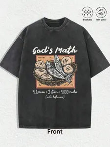 Retro Hand Drawn Basket Bread Fish God’s Math Scripture Graphic T-Shirt, Washed Black Oversized Crewneck Tee, Funny Religious Miracle Streetwear Top