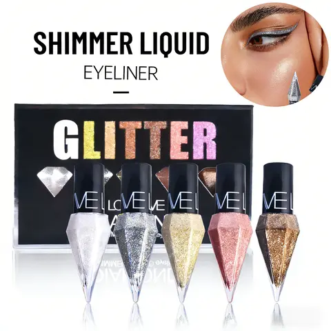 LOOKAVE 5-Style Fragrance-Free Glitter Liquid Eyeliner Set - Waterproof, Long-Lasting, Smooth, Shiny Eye Glitter Eyeliner with Gold, Silver, White, Diamond Metallic Shimmers, Nail Polish Bottle Design, Ideal for Youth Sparkly Makeup, Valentine’s Day Gift