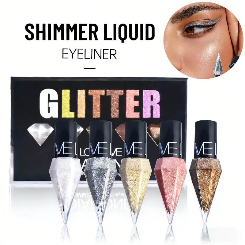 LOOKAVE 5-Style Fragrance-Free Glitter Liquid Eyeliner Set - Waterproof, Long-Lasting, Smooth, Shiny Eye Glitter Eyeliner with Gold, Silver, White, Diamond Metallic Shimmers, Nail Polish Bottle Design, Ideal for Youth Sparkly Makeup, Valentine’s Day Gift