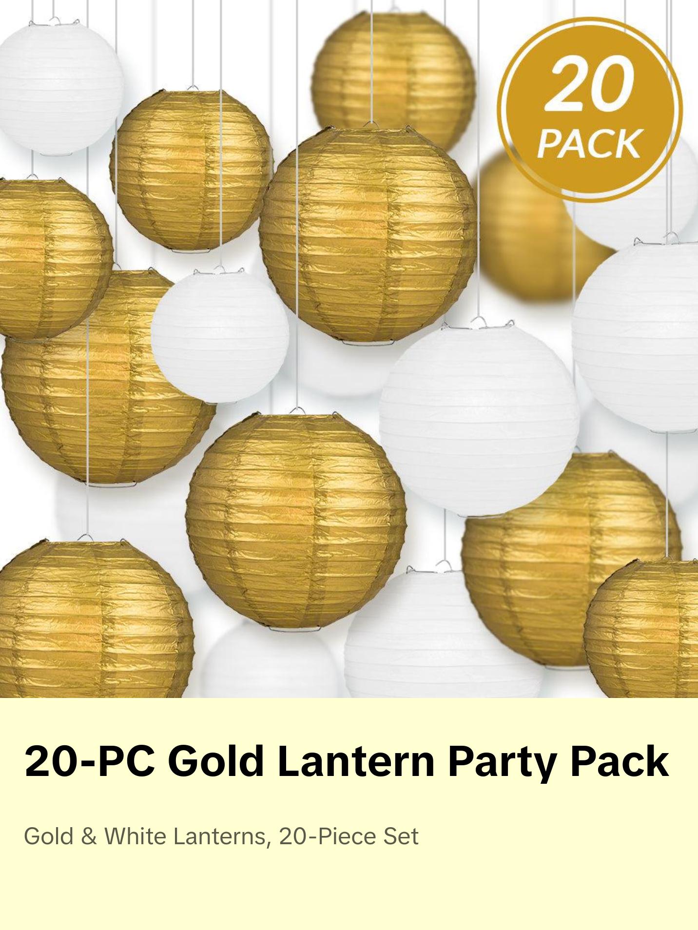 Ultimate 20-Piece Gold Variety Paper Lantern Party Pack - Assorted Sizes of 6", 8", 10", 12" (5 Round Lanterns Each) for Weddings, Parallelts and Decor