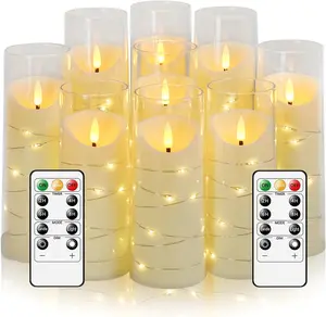 9 embedded star strings, flashing flameless LED candles, battery powered candles, acrylic LED column candles with remote control, suitable for home decor to create atmosphere (white)