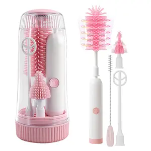 Rechargeable Electric Baby Bottle Brush Set, Waterproof Cleaner with Dual Modes, Comes with Nipple Straw Brush and Drying Rack