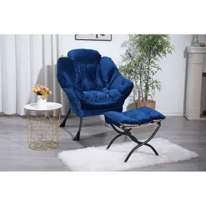 [Bellemave]Living Room Chairs Modern Cotton Fabric Lazy Chair, Accent Contemporary Lounge Chair, Single Steel Frame Leisure Sofa Chair with Armrests and A Side Pocket (Blue) ,with ottoman ,with footrest