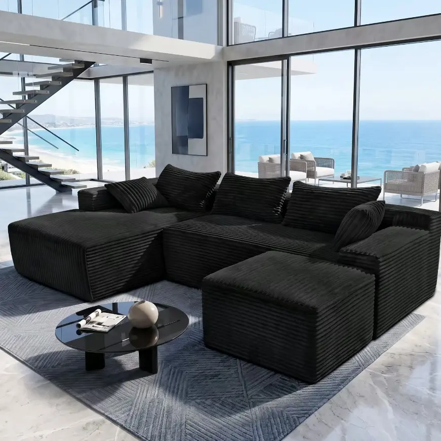Luxury Black Corduroy Modular Sectional Sofa, U-Shaped Cloud Couch with Deep Seat, Modern Large Living Room Sofa Set, Oversized Comfy Lounge Couch with Removable Cushions, Contemporary Velvet Fabric Furniture for Apartment, Villa and Home Decor