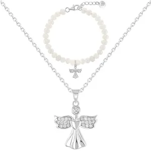 925 Sterling Silver Guardian Angel Necklace & Bracelet Jewelry Set For Girls