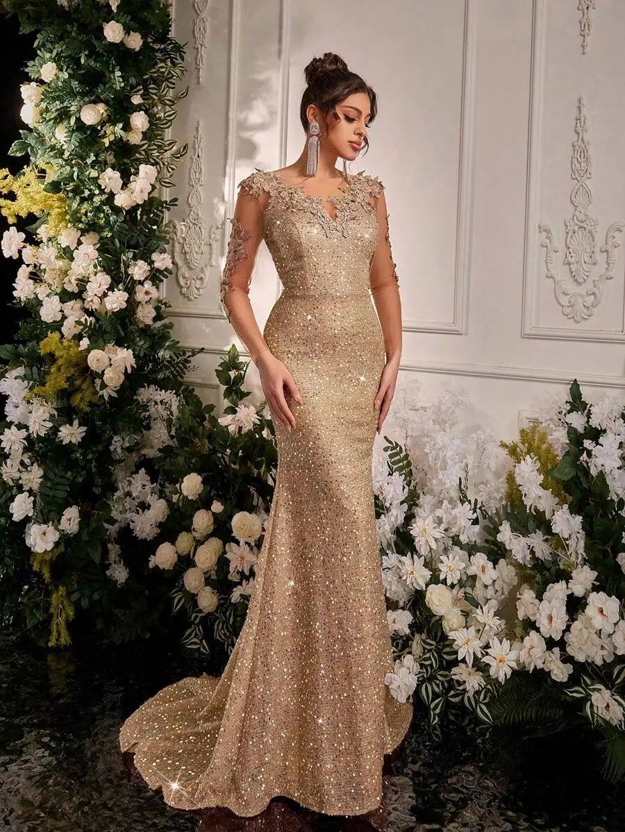 Glamrae Elegant Contrast Mesh Applique Long Sleeve V-Neck High Waist Fishtail Formal Evening Gown, Party Dress, For Wedding Guest, For Valentine's Day