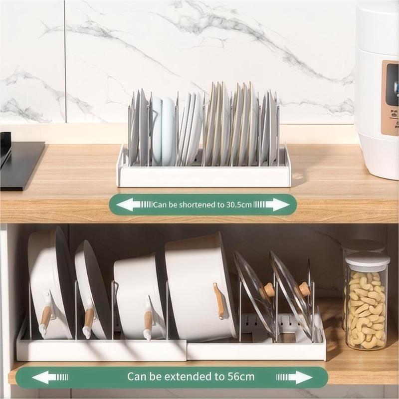 Expandable Pot and Pan Organizer Rack for Cabinet, Pot Lid Organizer Holder with 7 Stainless Steel Adjustable Dividers for Kitchen Cabinet Organizer and Storage (White)