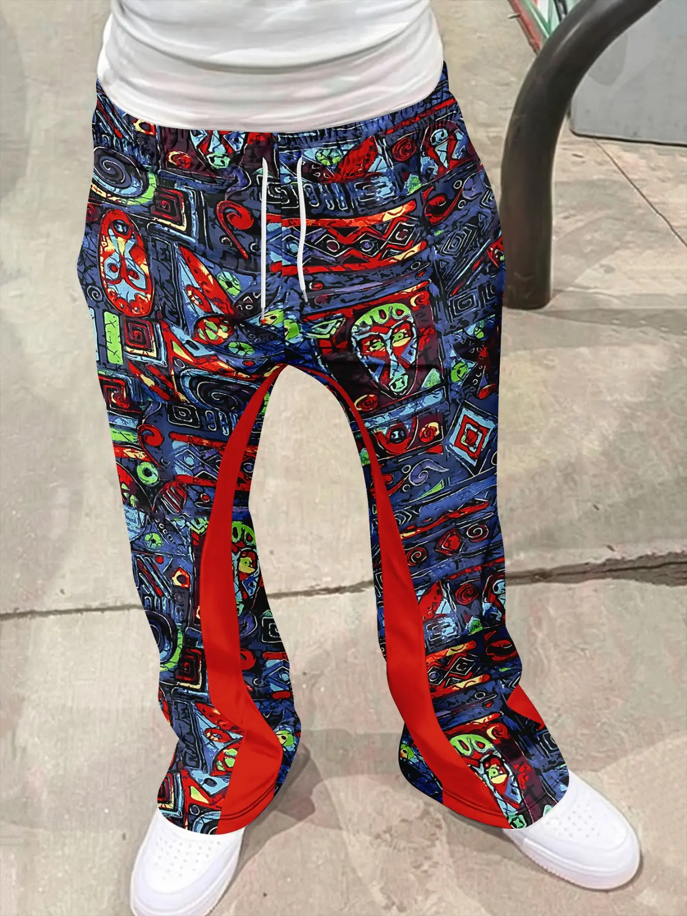 Men's Flared Trousers, Vintage Tribal Print, Blue Color Block, Drawstring Waist, Slim Fit, Casual Streetwear, All Seasons, Bell Bottoms Flared, Casual Pants, Casual Stylish Clothing