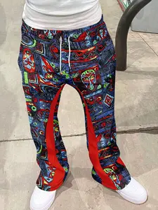 Men's Flared Trousers, Vintage Tribal Print, Blue Color Block, Drawstring Waist, Slim Fit, Casual Streetwear, All Seasons, Bell Bottoms Flared