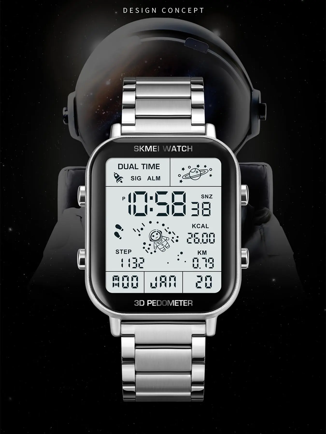 Men's Creative Astronaut Design Digital Watch, Fashionable Digital Watch with Stainless Steel Strap, Multifunctional Electronic Watch for Men, Stainless Steel Wristwatch
