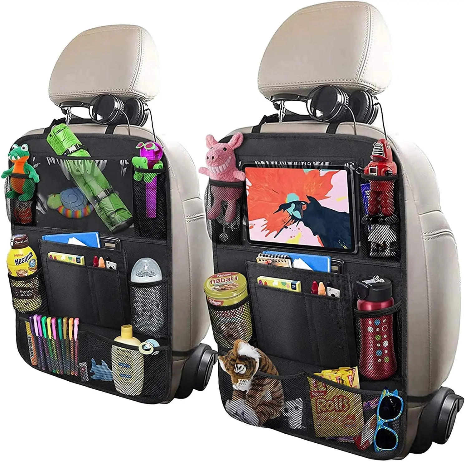 Multi-Function Car Backseat Organizer, 10" Tablet Holder & 9 Storage Pockets, Kick Mats for Kids, Seat Back Protector for Snacks Toys Diapers, 1 Pack, Car Interior Kit, Accessories For Car