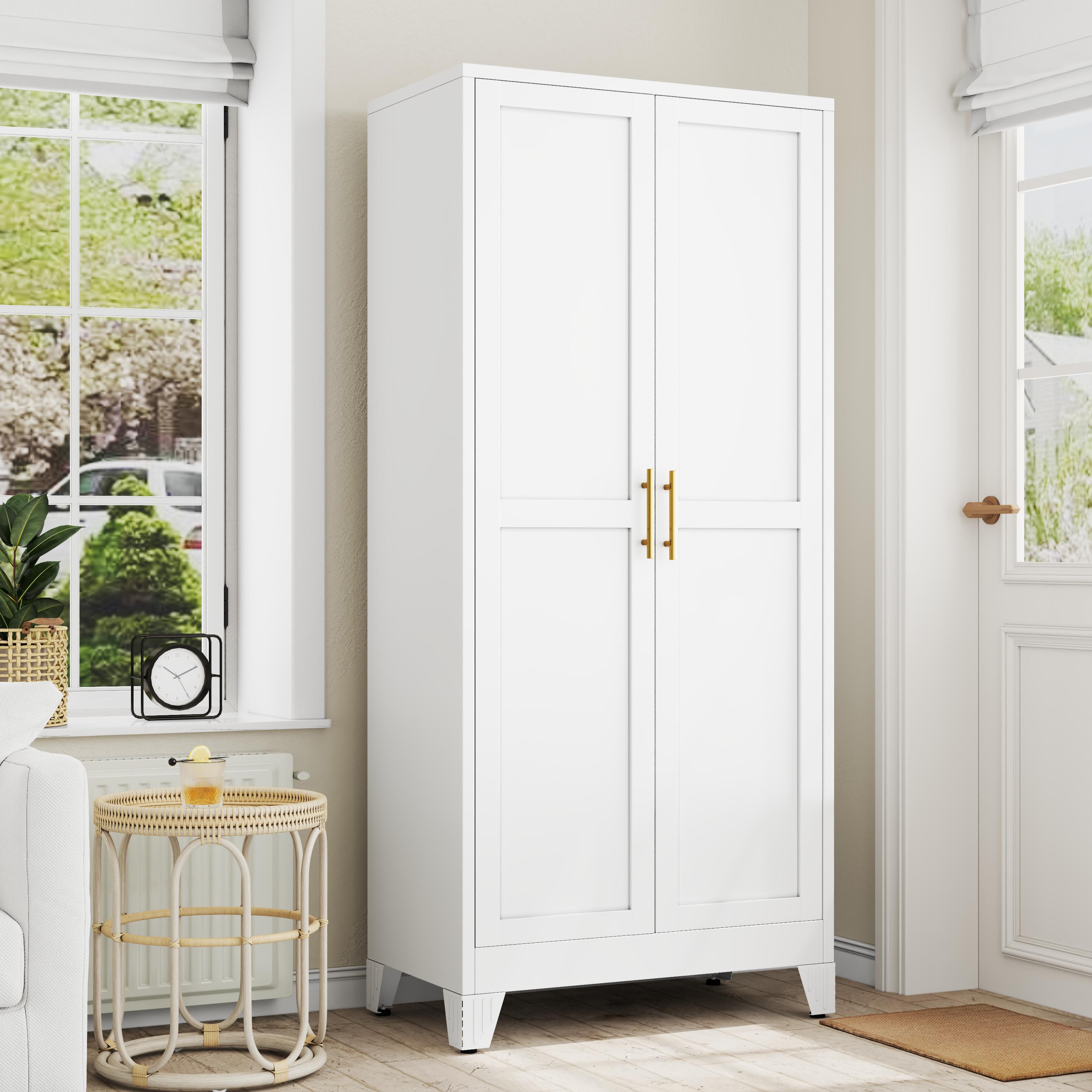 Metal Armoire Wardrobe Closet with 2 Doors, Freestanding Bedroom Clothing Storage Cabinet with Adjustable Shelves & Hanging Rod