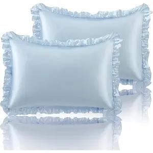 Ruffled  Satin Pillowcase Set of 2,  Blue Silky Satin Pillow Cases for Women Ruffle Pillow Shams Covers Princess Room Decoration, with Envelope Closure