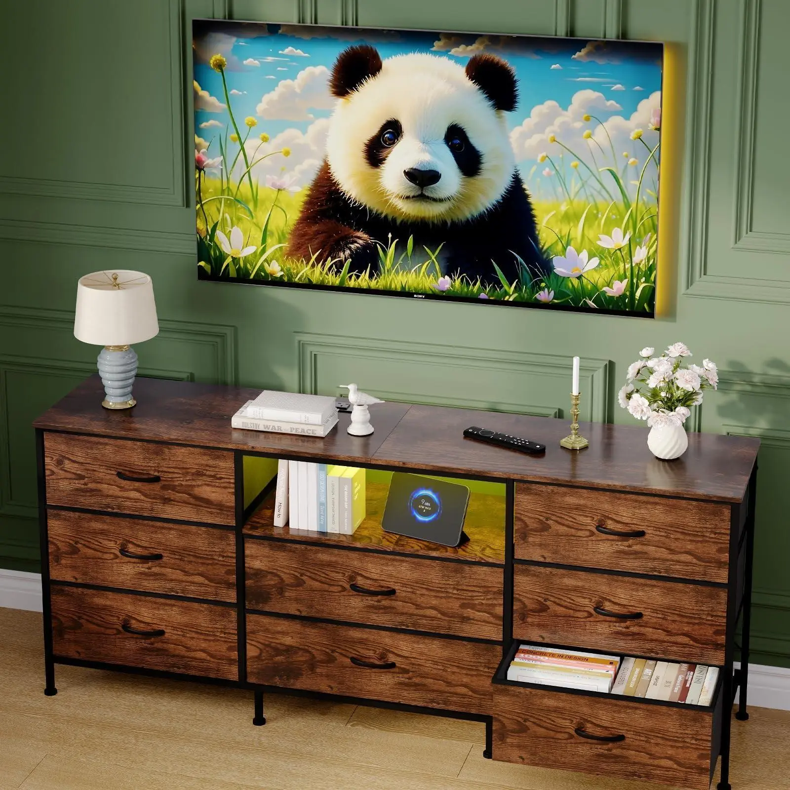 Gaomon Modern Freestanding TV Stand - Sturdy Metal Frame, Wood Top Storage Cabinet with LED Lights & 8 Easy-Pull Non-Woven Fabric Drawers, Fits 45-65 Inch TVs (63x26.8x13.8in) for Living Room, Bedroom