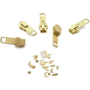 Zipper Repair Kit - #5 YKK Brass Auto Lock Sliders - 5 Sliders Per Pack with Top & Bottom Stoppers Included -  The