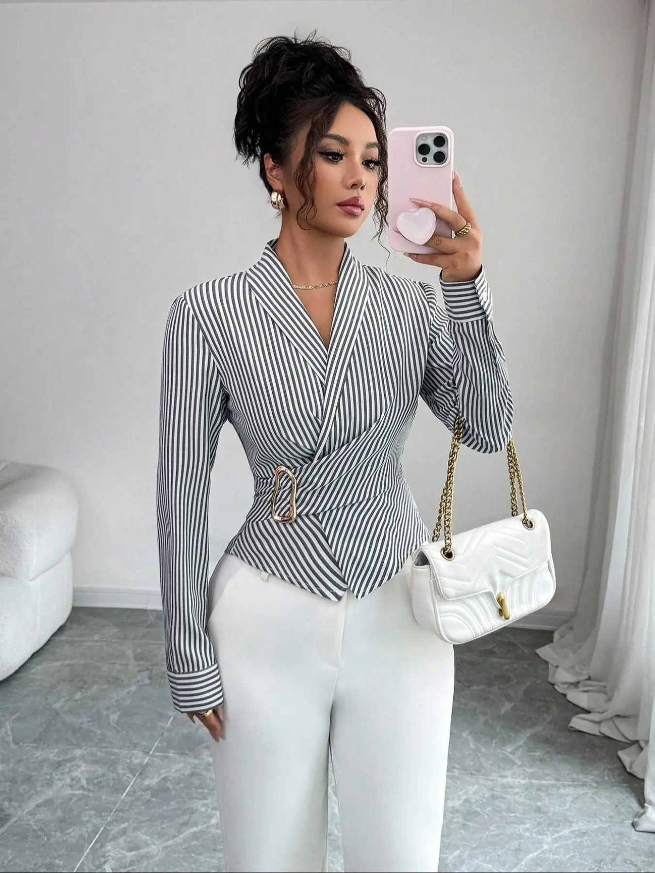 Women's Fashion Casual Comfortable Striped Shirt Long Sleeve Irregular Design Metal Asymmetrical Button Band Top
