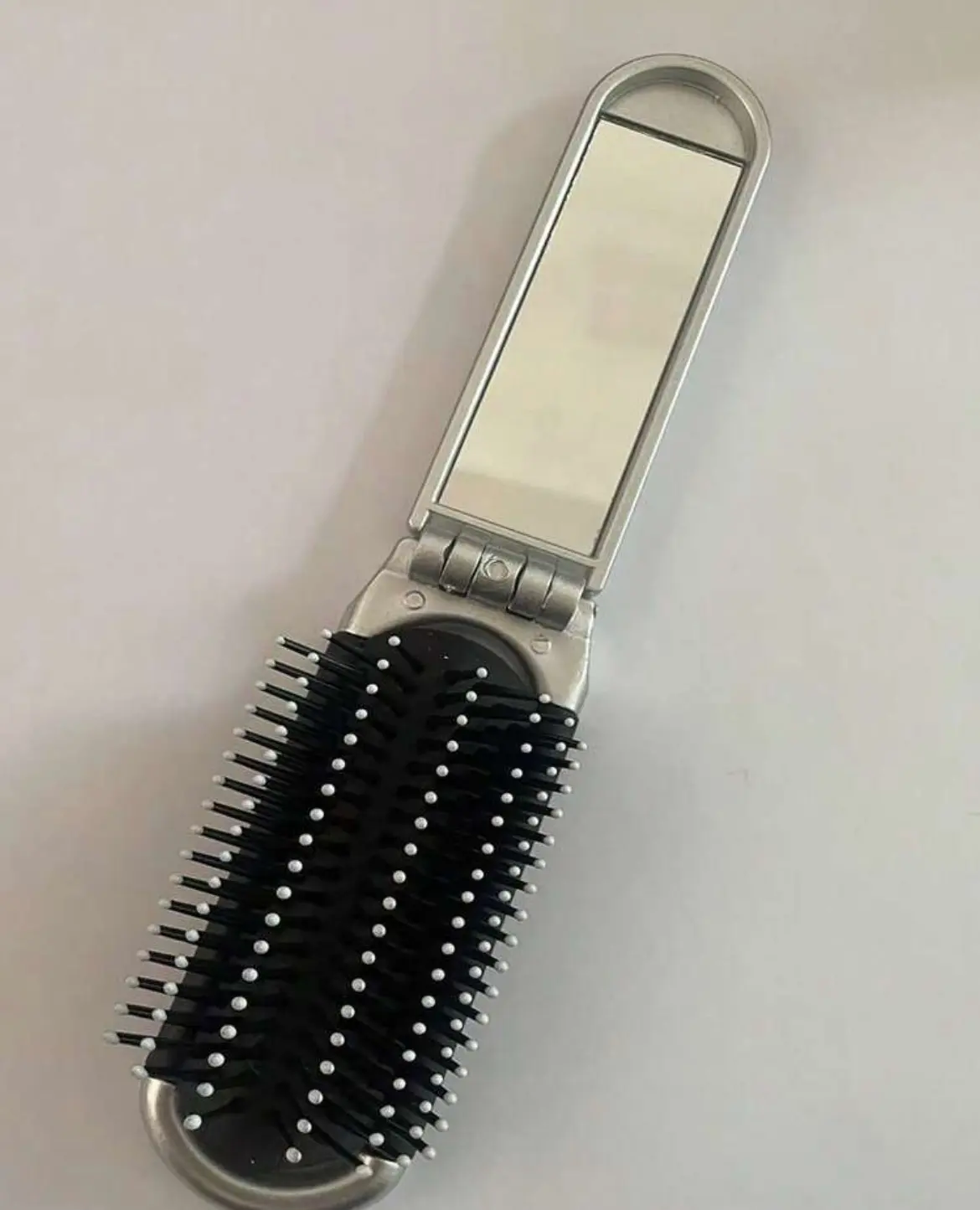 Foldable Hair Brush with Mirror - Black and Silver Design for Easy Styling and Grooming