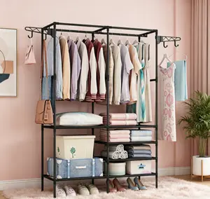 Multi-Functional Freestanding Garment Rack | Closet Organizer with Shelves & Hooks for Clothes Shoes Storage