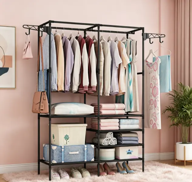 Freestanding Iron-Plastic Garment Rack, 4-Layer Shelves Home Organizer with Rotating Hooks, Bedding Storage, 66.1×42.1×14.2in, 33lb Capacity, Easy Installation for Closet, Laundry Room