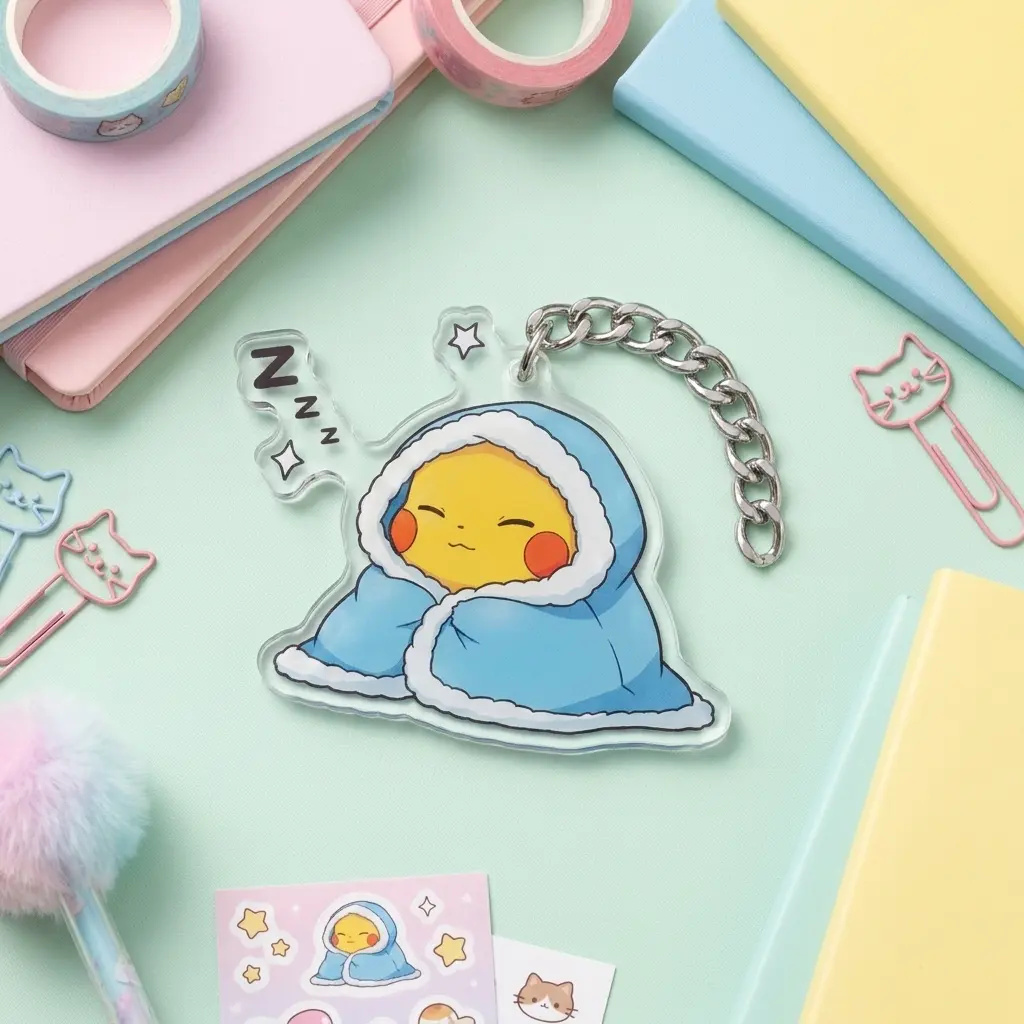 Kawaii Sleeping P1kachu in Blue Blanket Keychain - Cute Clear Acrylic Bag Charm & Keyring | Cozy Aesthetic Anime Gift