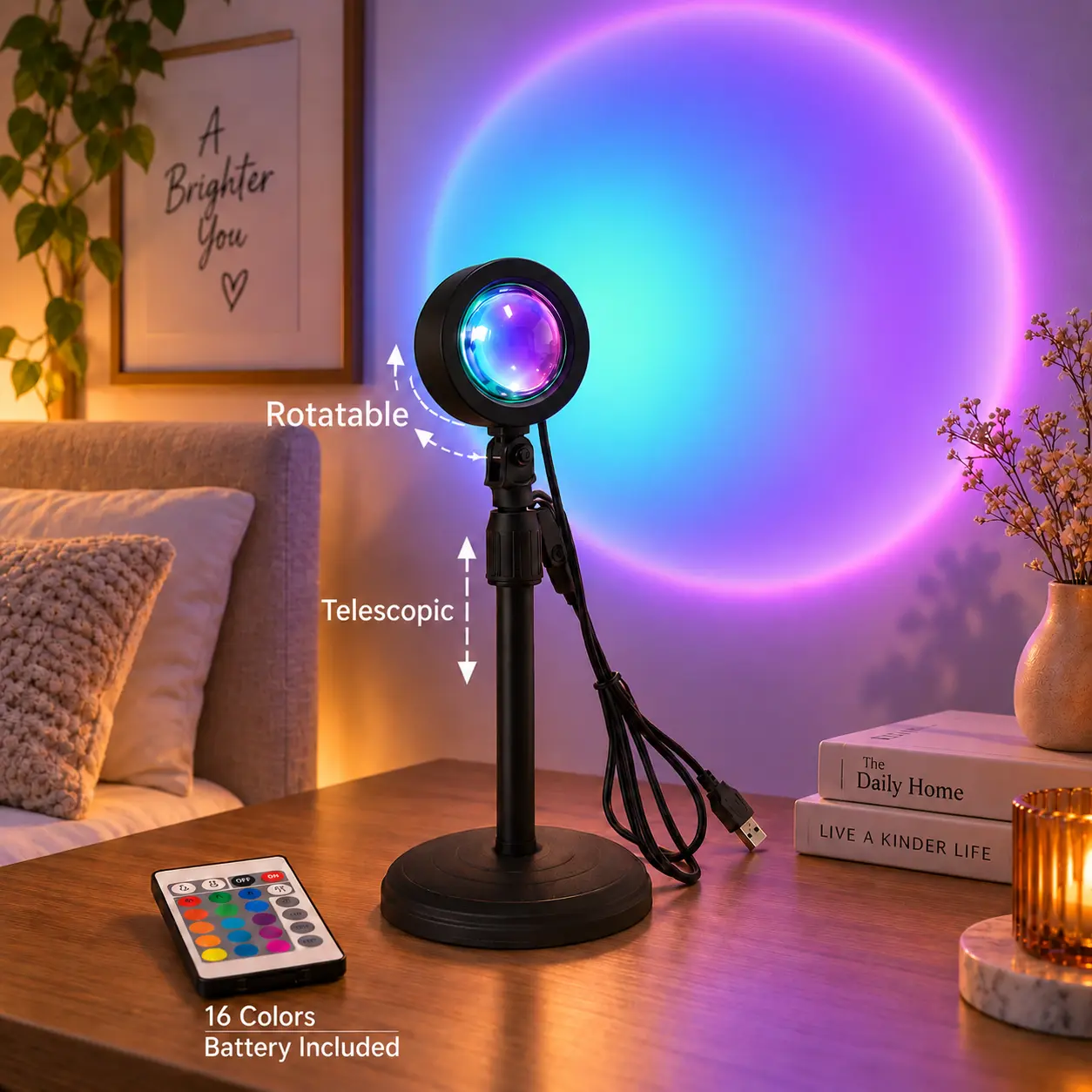 Fall Sunset Lamp Projector Light 180° Adjustable Sunset Mood Lamp, 4 Modes, Remote Control RGB Ambient Night Light for Bedroom, Gaming Room, Live Streaming Photography & Parties Home Wall Decor Party Led Lighted Gift Led Multi Multifunction Rgb Colors