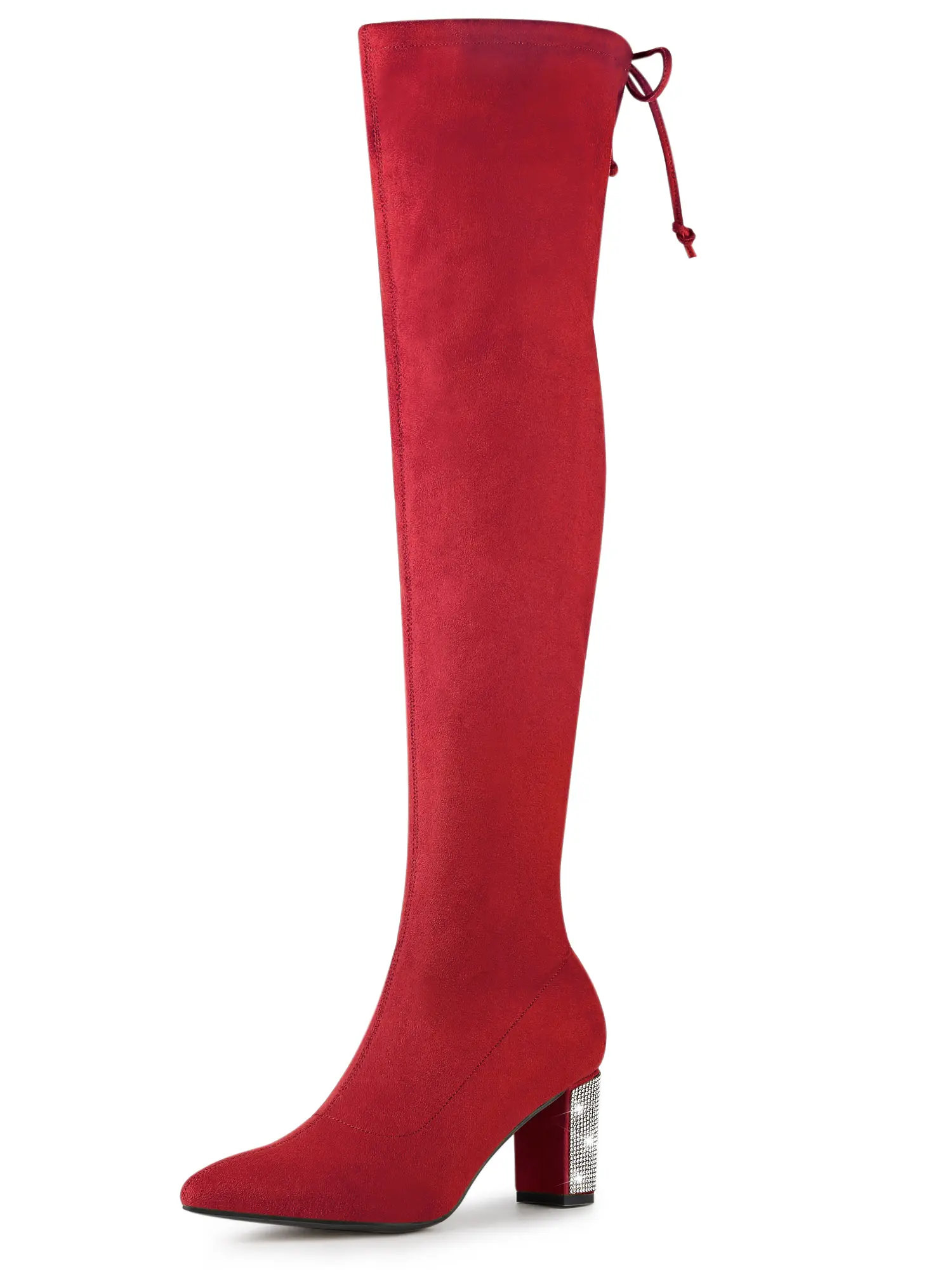BLISSFUL STEP Footwear Walking Shoes Women's Pointed Toe Chunky Heels Rhinestone Decor Over Knee High Boots