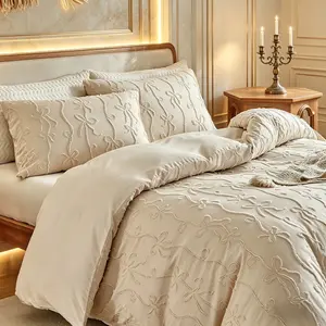 French Romantic Floral Bedroom Bedding Set, 2/3 Piece Set (1 Duvet Cover + 1/2 Pillowcases), Bow Design, Bohemian Style, 9 Sizes, All Seasons