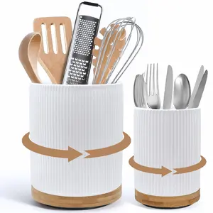 2 Pack Ceramic Utensil Holder, 7.3"+5.4" Large kitchen utensils holder for Countertop, 360° Rotating Cooking Utensil Crock for Kitchen Counter with Detachable Wooden Base, Kitchen Decor
