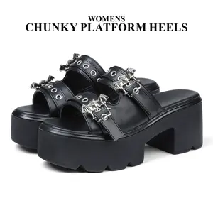 CYNLLIO Womens Goth Punk Platform Sandals Chunky High Heel Open Toe Slides with Metalic Owl Decor Adjustable Double Buckle Strap Slip On Trendy Fashionable Cute Casual Walking Holiday Outing Dress Spring Summer Shoes