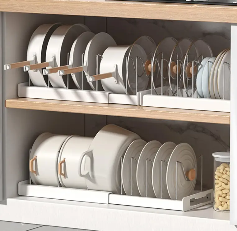 Expandable Pot and Pan Organizer Rack for Cabinet, 7 Adjustable Stainless Steel Dividers, Pot Lid Holder, Storage for Pans Lids Bakeware, Countertop Cabinet Kitchen Organizer, White/Grey, Gift for Mom Wife