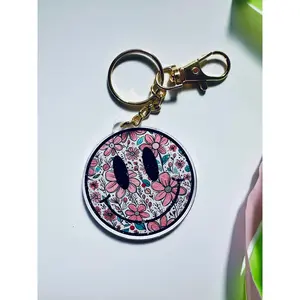 Retro Happy Flowers Smiley Keychain, Distressed Floral Smiley Acrylic Keychain, Dainty Keychain Aesthetic, Trendy Obsessed Girly Keychain decor keychain