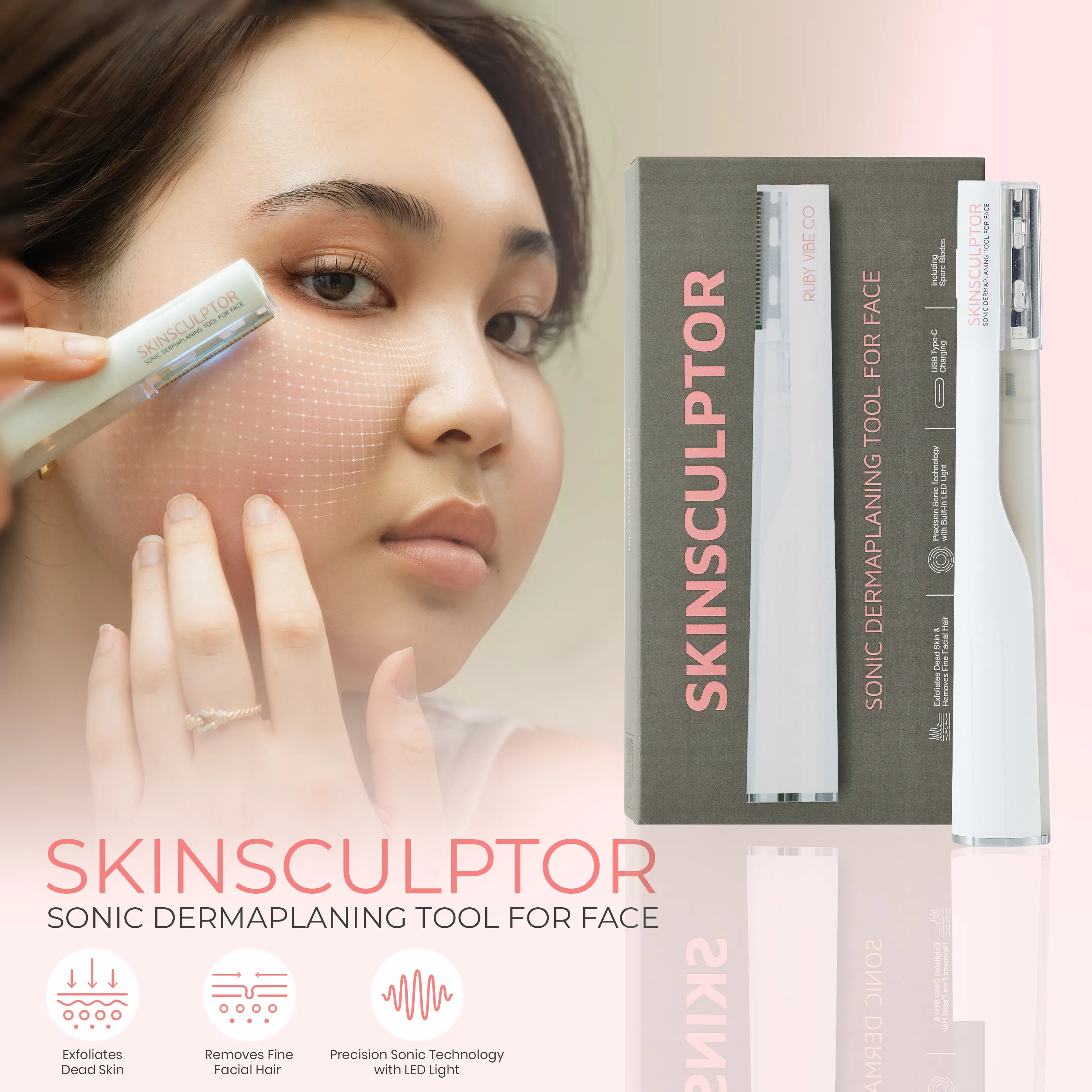 RUBY VIBE CO SkinSculptor Precision Sonic Dermaplaning Tool with LED Light for Soft Refreshed Skin Includes Spare Blades & USB Type-C Charging