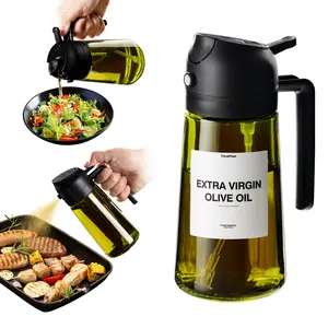 2 in 1 Olive Oil Dispenser and Oil Sprayer for Cooking - 16oz Glass Bottle with Water-Resistant Stickers and Sunlight Protection - Utensils Kitchen Containers