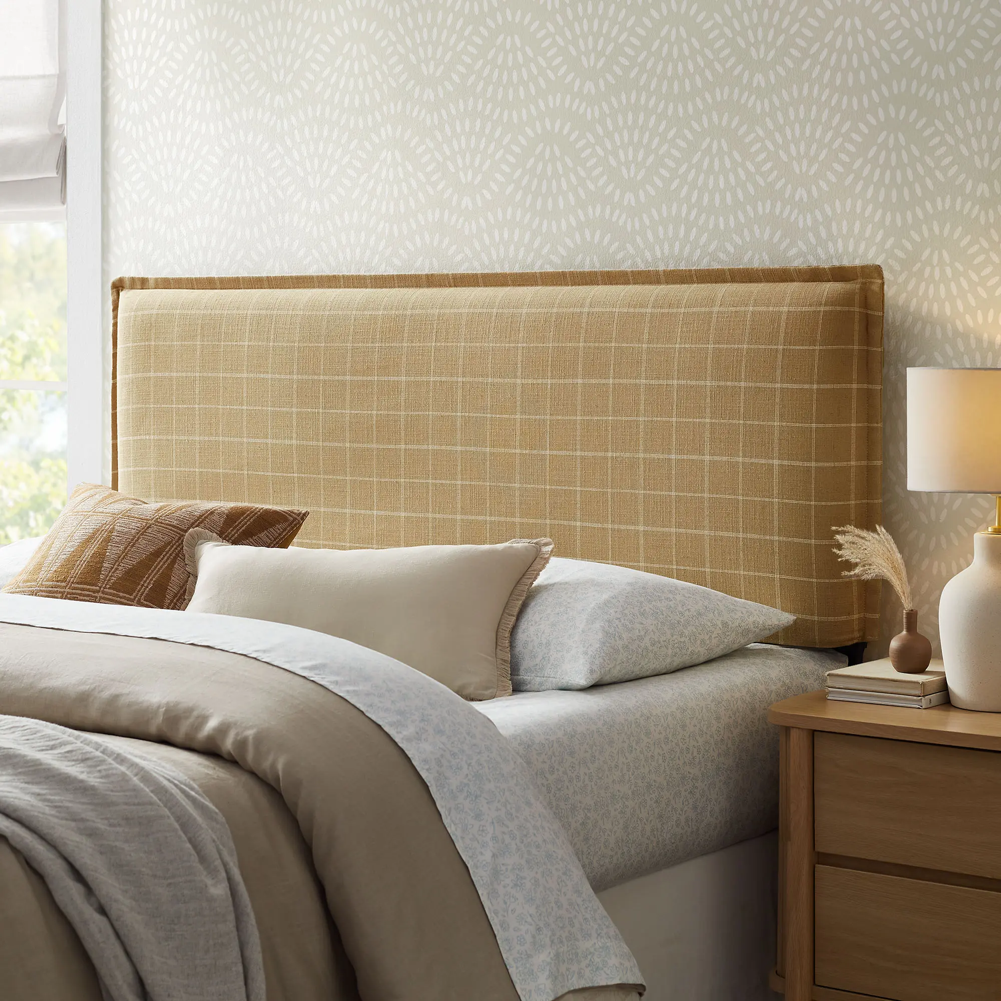 Camille Checkered Linen Blend King Size Headboard in Hemp Windowpane Check