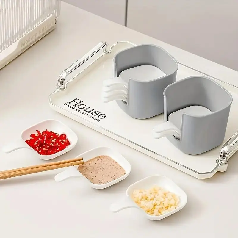 6-Piece Modern Plastic Dipping Plate Set with Stand, Seasoning Dishes with Storage Box, Home Organizer Kitchen Serving Accessories