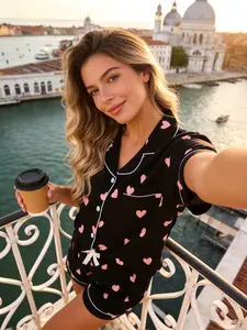 Women's Short Sleeve Shorts Cardigan Sleepwear Set, Bottom Heart Print, Comfortable Breathable Sweet Style Home Essentials