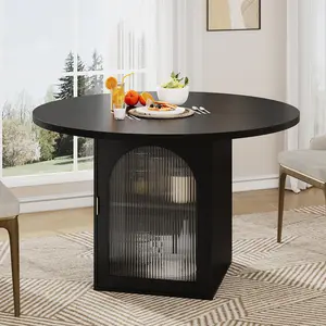 47 Inch Round Dining Table with Storage Cabinet, Modern Pedestal Base, Ribbed Glass Doors, Seats 4 to 6, Space Saving for Apartment or Small Space, Black
