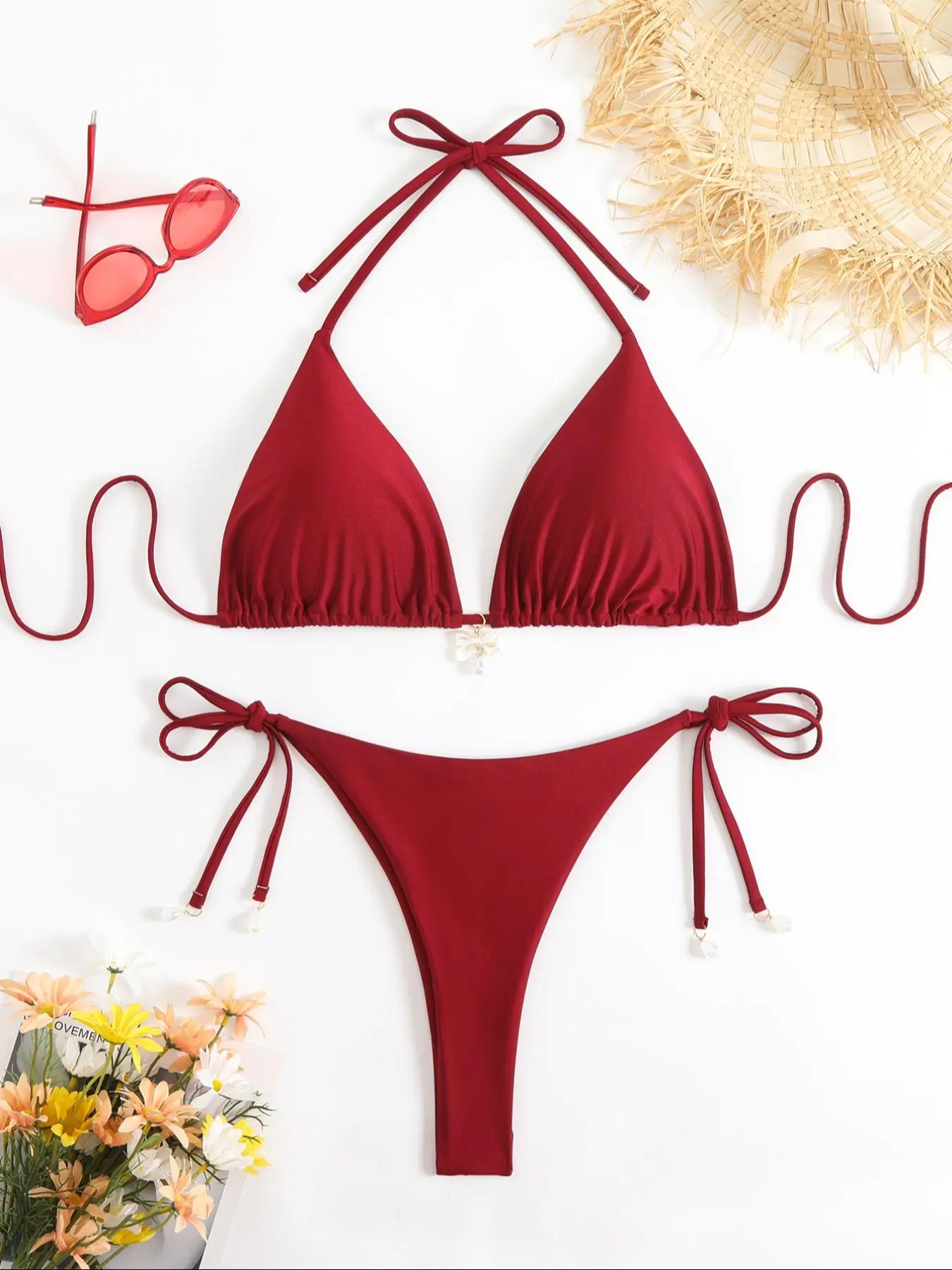 Plus Size Solid Color Halter Bikini Set, Casual Fashion Chic Tie Back Bikini Top & Tie Side Ruched Design Swim Thong Swimsuit Set, Women's Fashion Beachwear Swimwear for Beach Holiday Vacation Bikinis Set