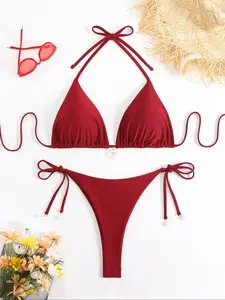Plus Size Solid Color Halter Bikini Set, Casual Fashion Chic Tie Back Bikini Top & Tie Side Ruched Design Swim Thong Swimsuit Set, Women's Swimwear for Beach Holiday Vacation