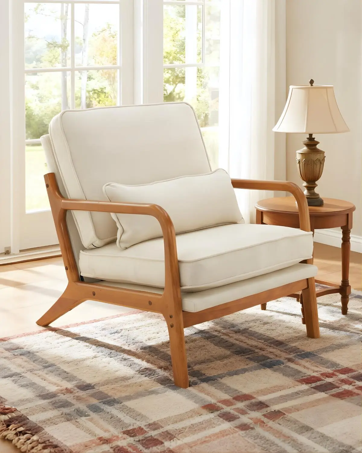 Karl home Accent Chair Mid-Century Modern Chair with Pillow Linen Fabric Upholstered Lounge Arm Chair with Solid Wood Frame & Soft Cushion for Living Room, Bedroom, Balcony,dorm essentials,home decor