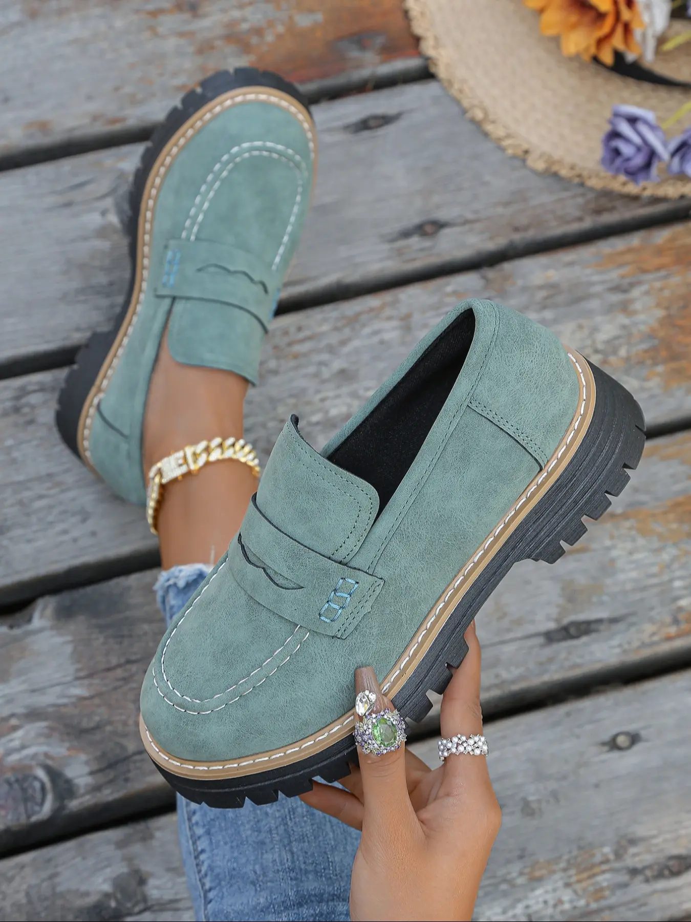 Women's Comfortable Soft Casual Suede Thick Rubber Sole Anti-Slip Slip-On Vintage Flatform Thick Soled Loafers, Fashion Business Shoes for Office & Daily Wear, Flats
