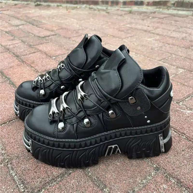 Women's Flame Metal Decoration Chunky High-Heel Platform Punk Gothic Casual Trainers - Unisex Footwear, Designer Runway All-Match Black Sneakers, Training, Round Toe, Cloth, Runner, Closed, Fabric, Low Top, Chunky Heel, Shoe