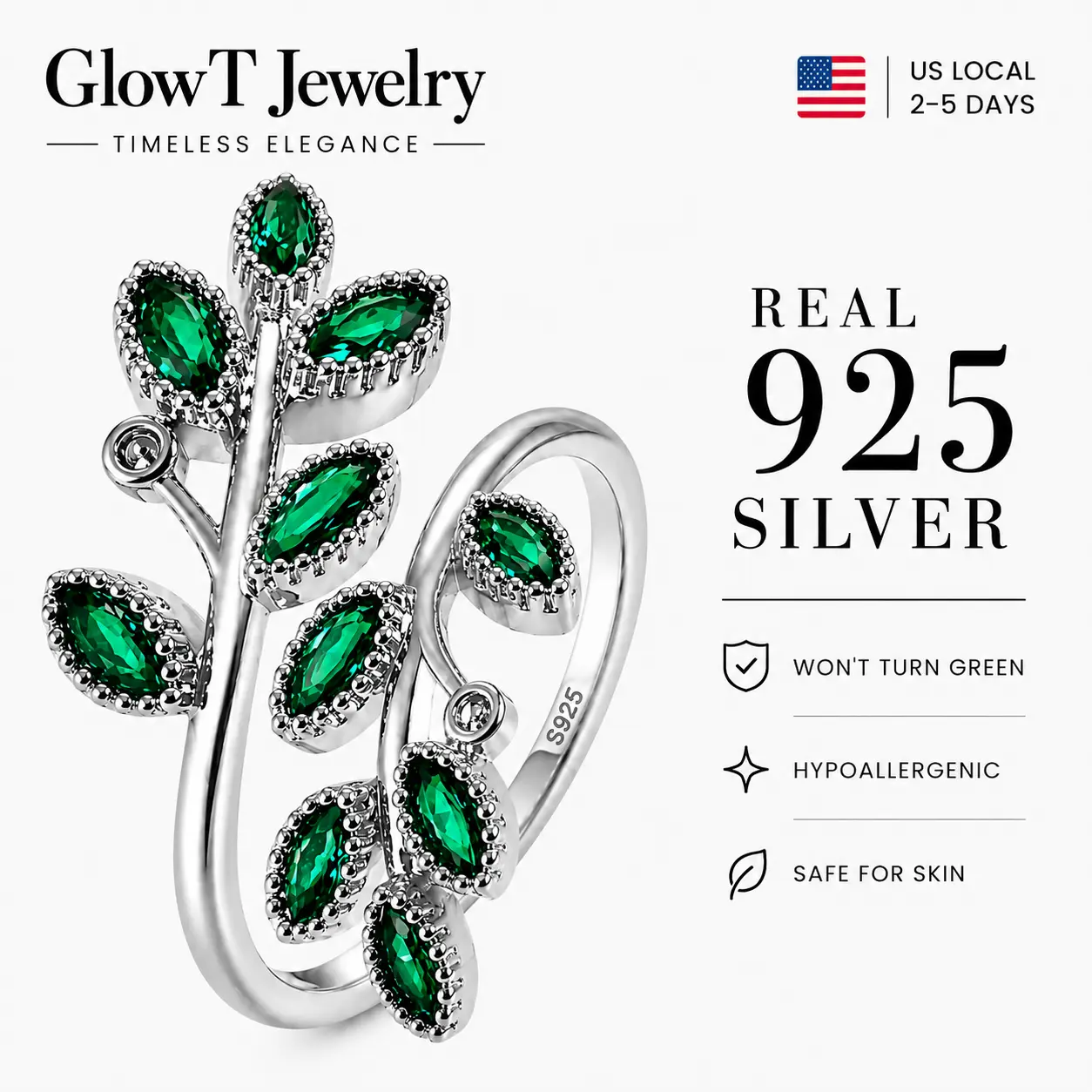 925 sterling silver Emerald Green Botanical Branch Ring for Women Nature Inspired Statement Jewelry with Romantic Garden Style Sculptural Leaf Design for Daily Wear Date Nights Weddings Elegant Gifts for Girlfriend Wife and Modern Fashion Lovers