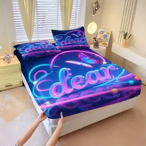 Valentine's Day Neon Line Element Printed Fitted Sheet Set,Includes 1 Fitted Sheet & 2 Pillowcases without Filler,Radiates a dazzling and stylish vibe,A great gift idea,Perfect for holiday home decoration,Multiple styles available.